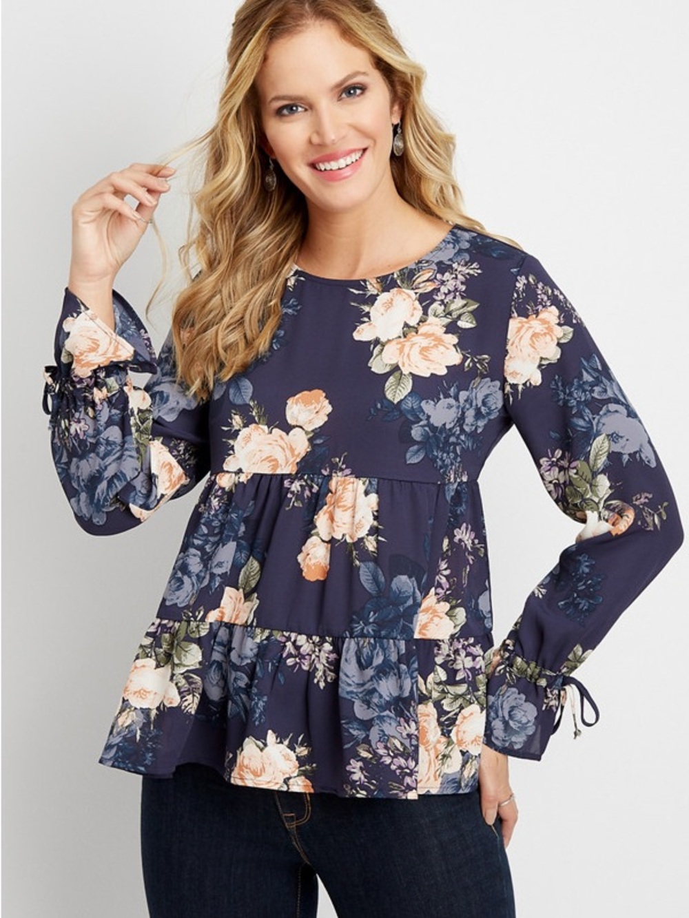 Maurices Navy Floral Tiered Long-Sleeve Tunic